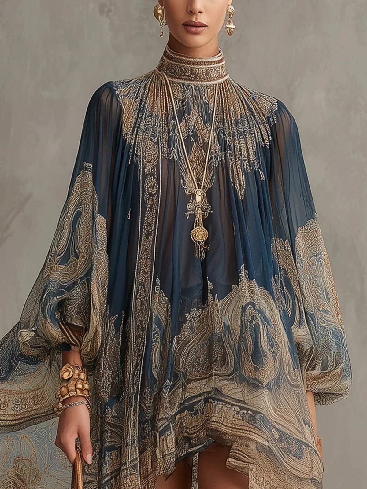 Sonia Mini Dress in Navy Chiffon with Baroque Print and High Neck