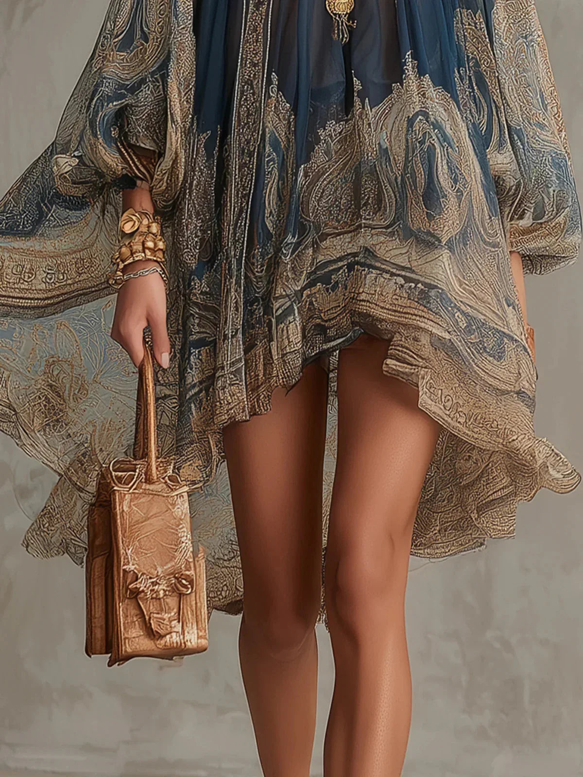 Sonia Mini Dress in Navy Chiffon with Baroque Print and High Neck