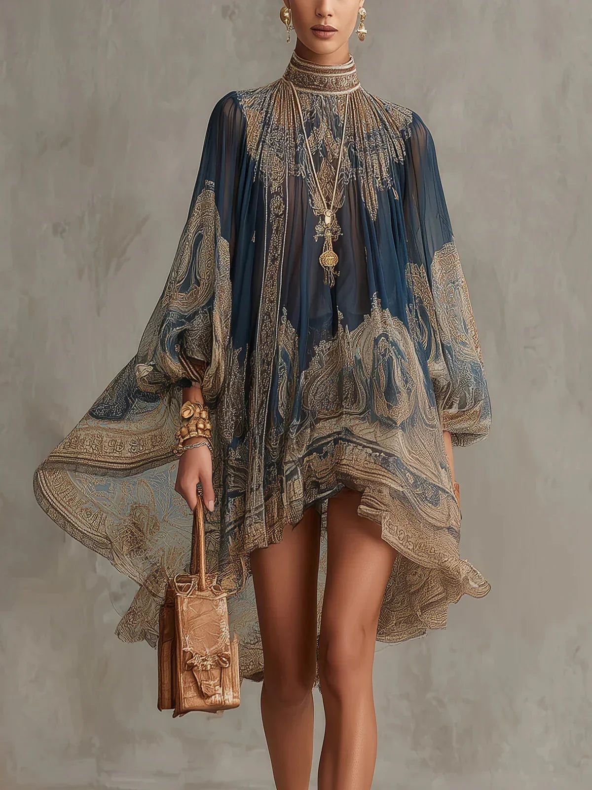 Sonia Mini Dress in Navy Chiffon with Baroque Print and High Neck