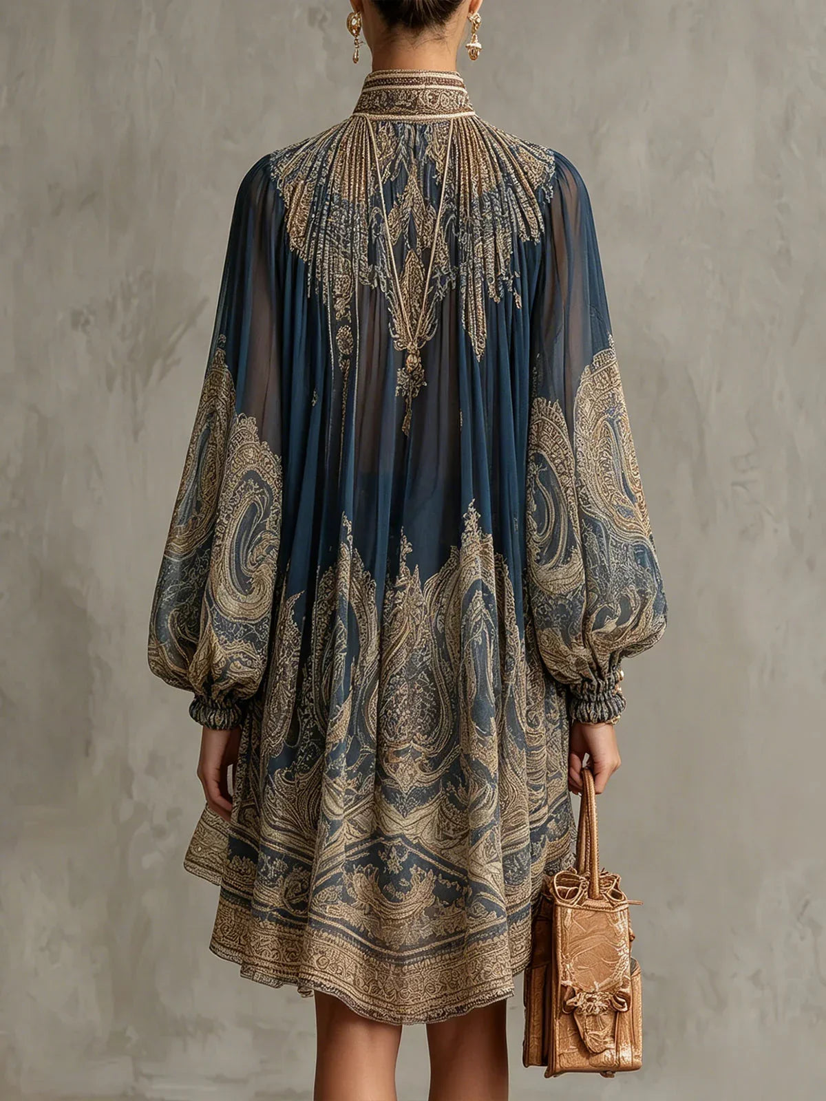 Sonia Mini Dress in Navy Chiffon with Baroque Print and High Neck