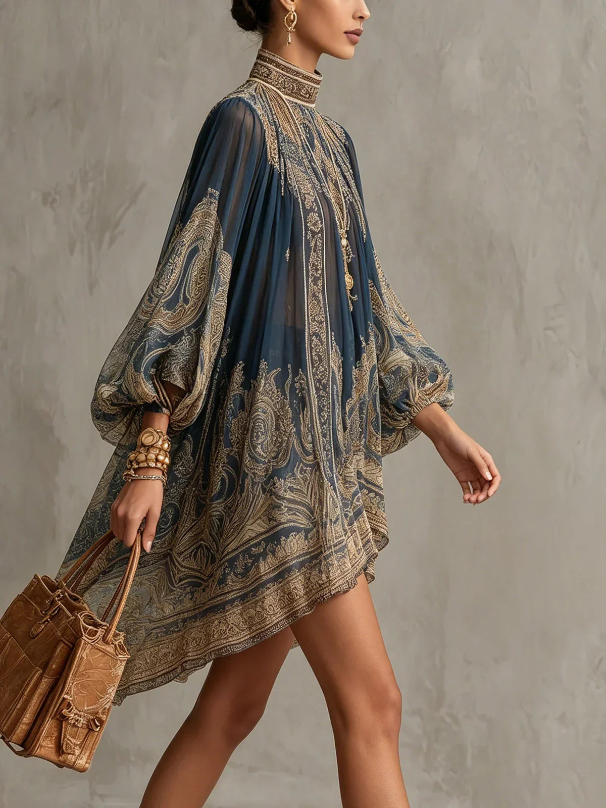 Sonia Mini Dress in Navy Chiffon with Baroque Print and High Neck