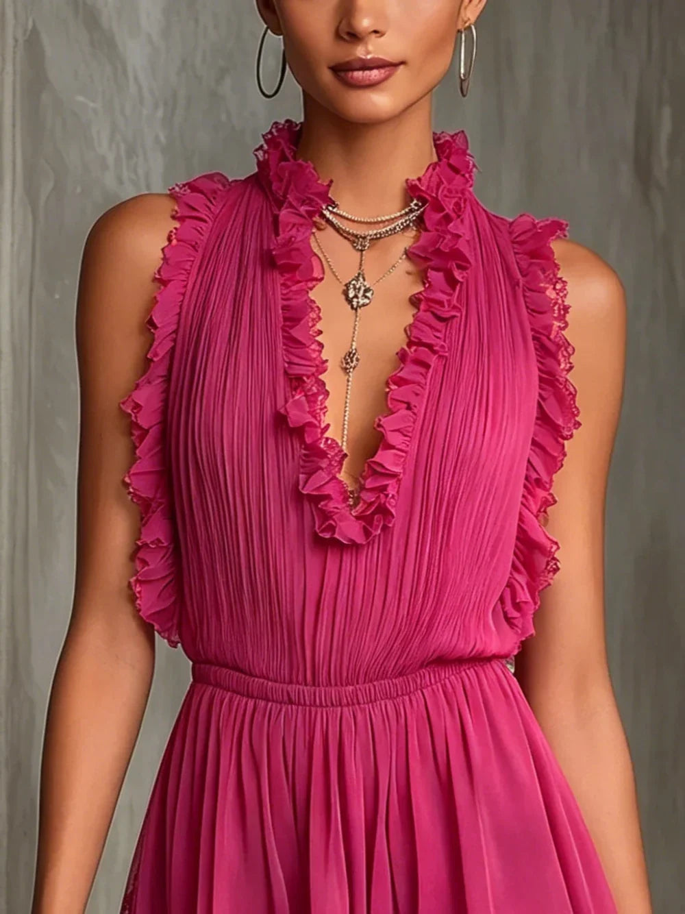 Floral Chiffon Jumpsuit with Pleated Design and Fuchsia Striped Trimming