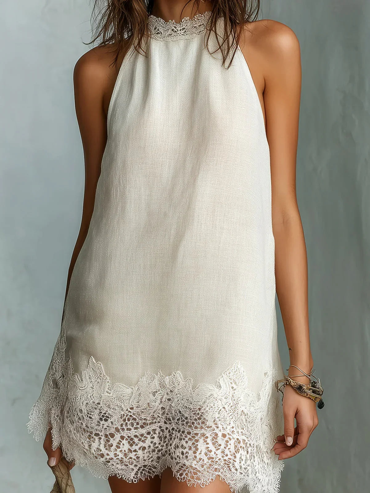 Dafne Mini Dress in Ivory with Halter Neck and Lace Details
