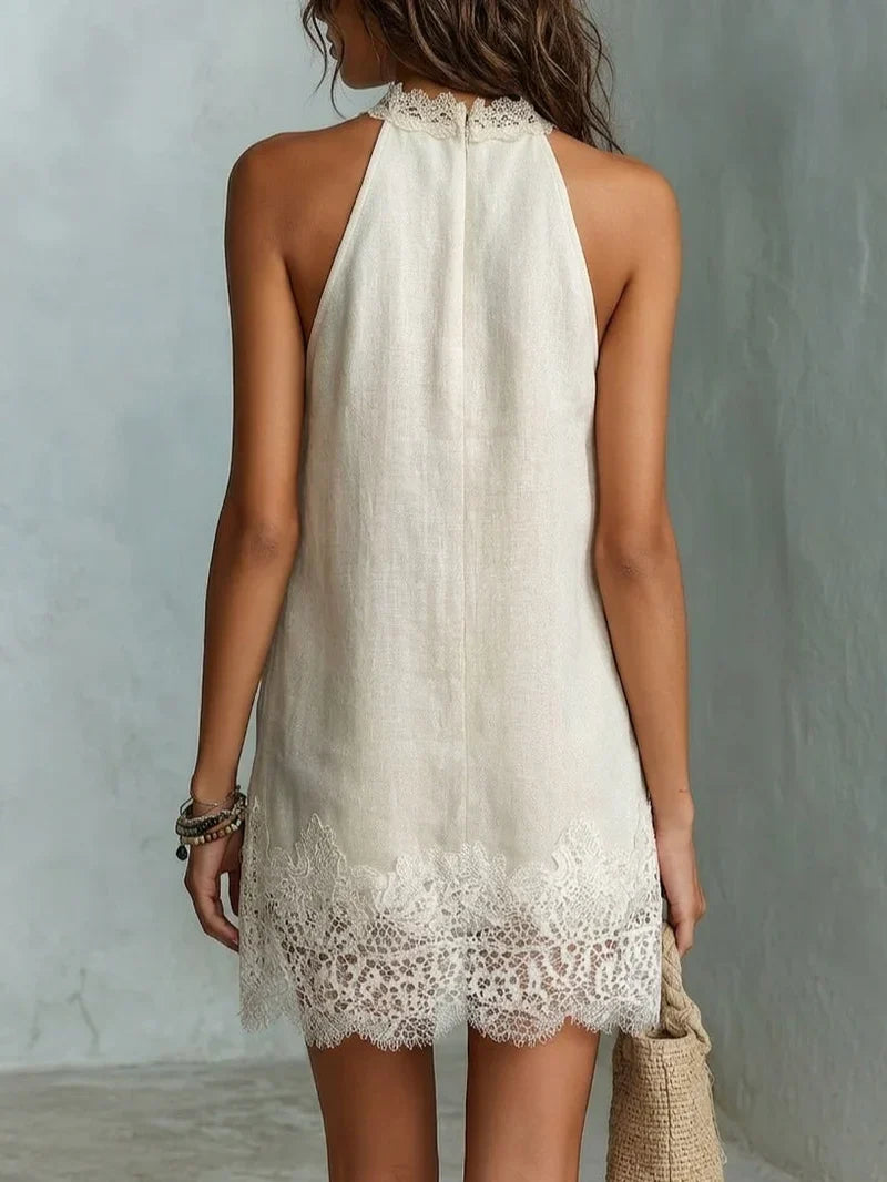 Dafne Mini Dress in Ivory with Halter Neck and Lace Details