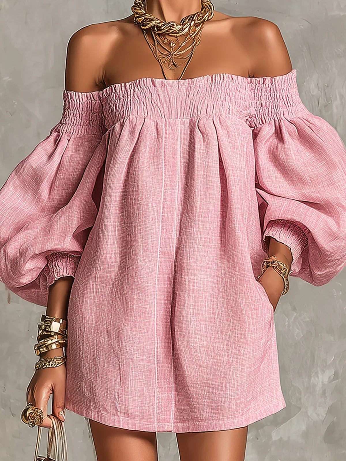 Gisela Mini Dress in Pink A-Line with Puff Sleeves and Off-the-Shoulder Design