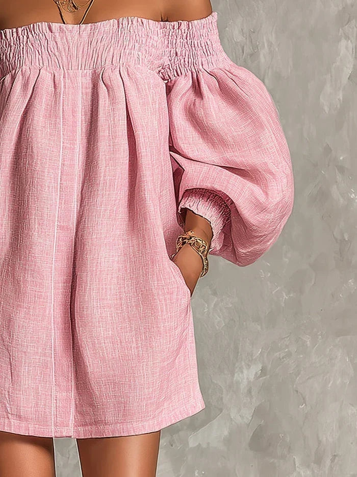 Gisela Mini Dress in Pink A-Line with Puff Sleeves and Off-the-Shoulder Design