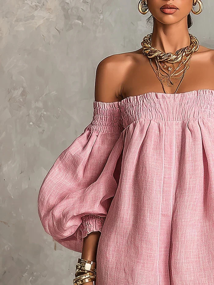 Gisela Mini Dress in Pink A-Line with Puff Sleeves and Off-the-Shoulder Design