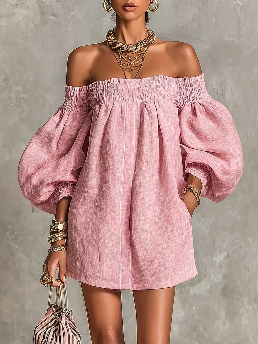 Gisela Mini Dress in Pink A-Line with Puff Sleeves and Off-the-Shoulder Design