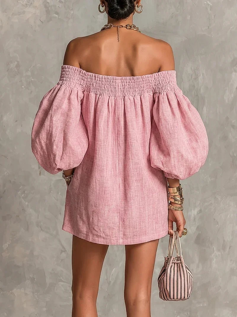 Gisela Mini Dress in Pink A-Line with Puff Sleeves and Off-the-Shoulder Design