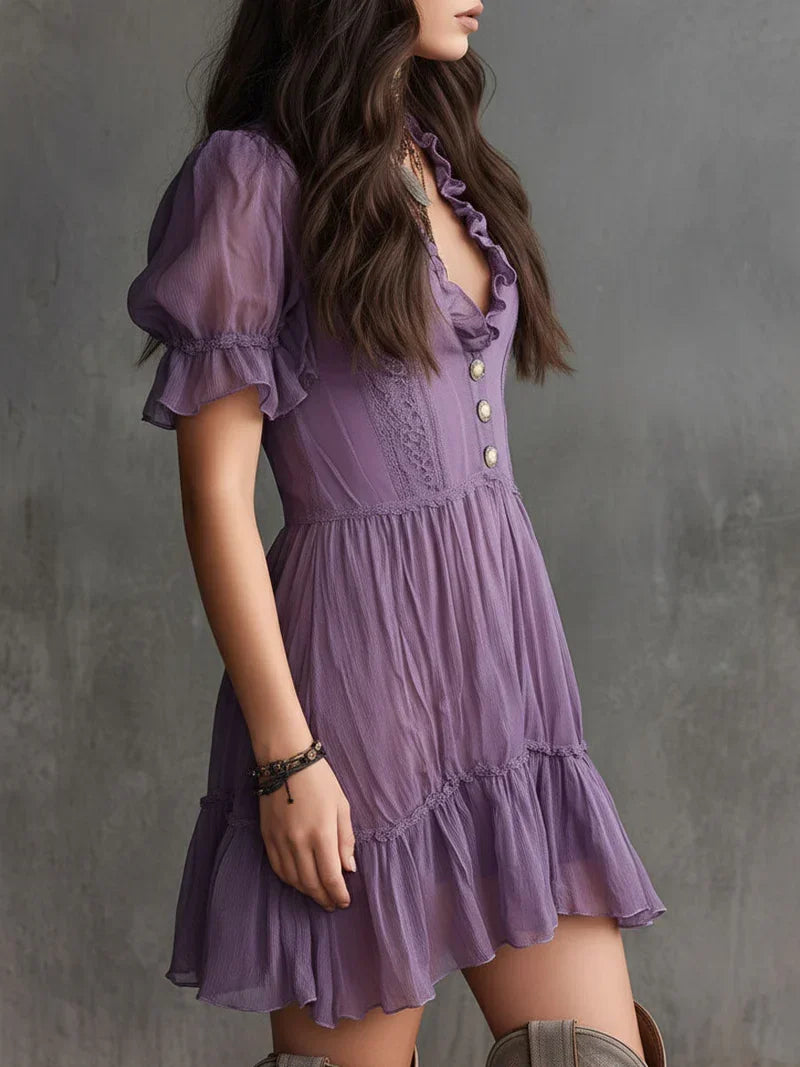 Lidia Mini Chiffon Dress with Puff Sleeves and Ruffles