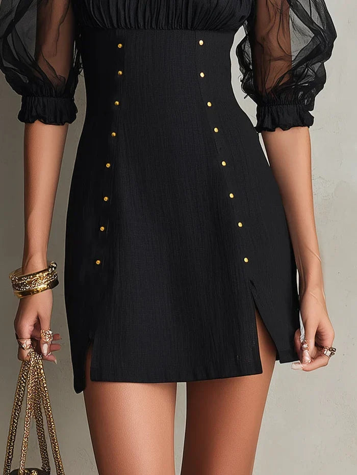 Adela Mini Black Dress with Bardot Neckline, Puff Sleeves and Studs