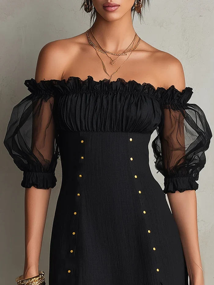 Adela Mini Black Dress with Bardot Neckline, Puff Sleeves and Studs