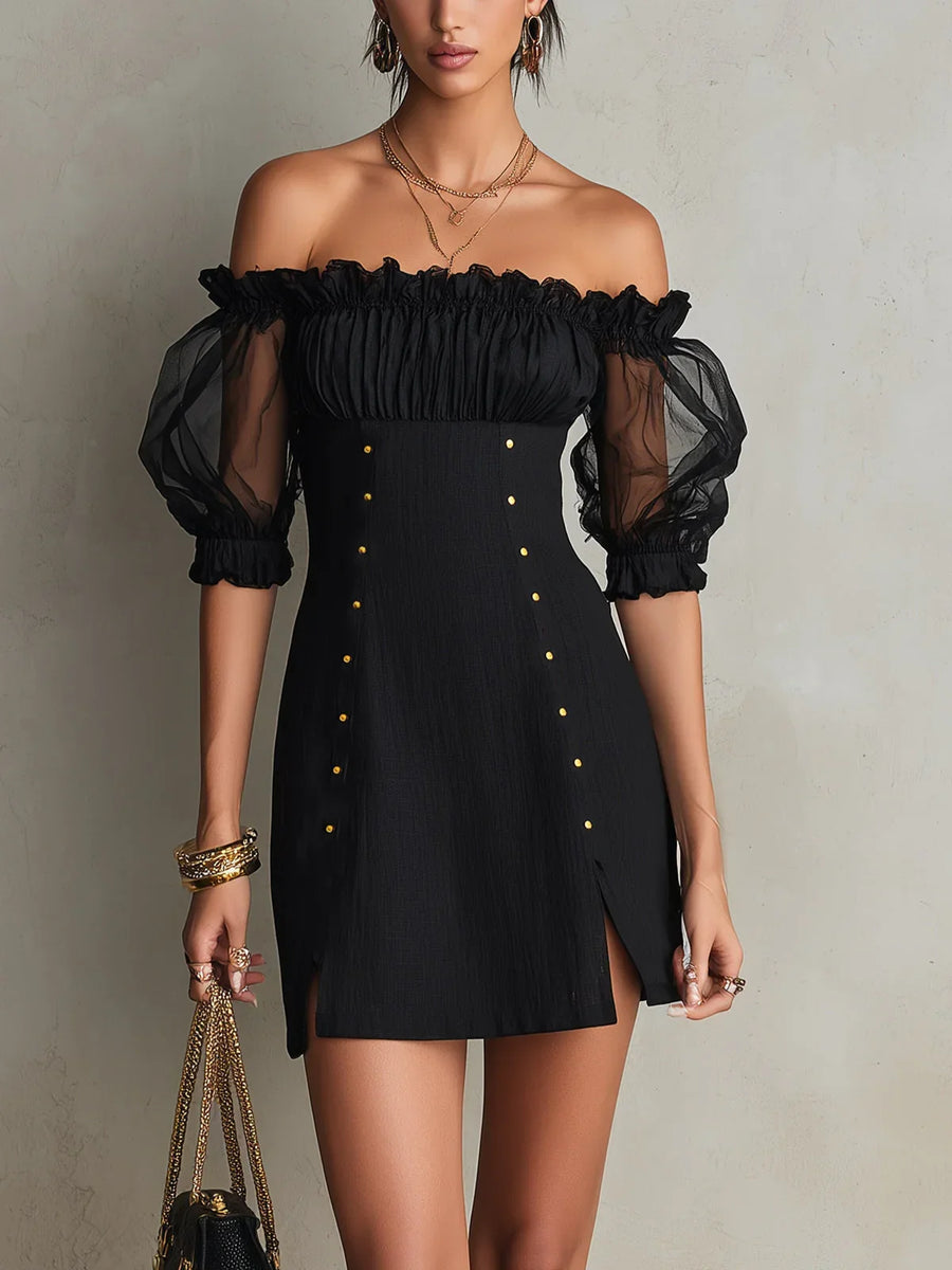 Adela Mini Black Dress with Bardot Neckline, Puff Sleeves and Studs