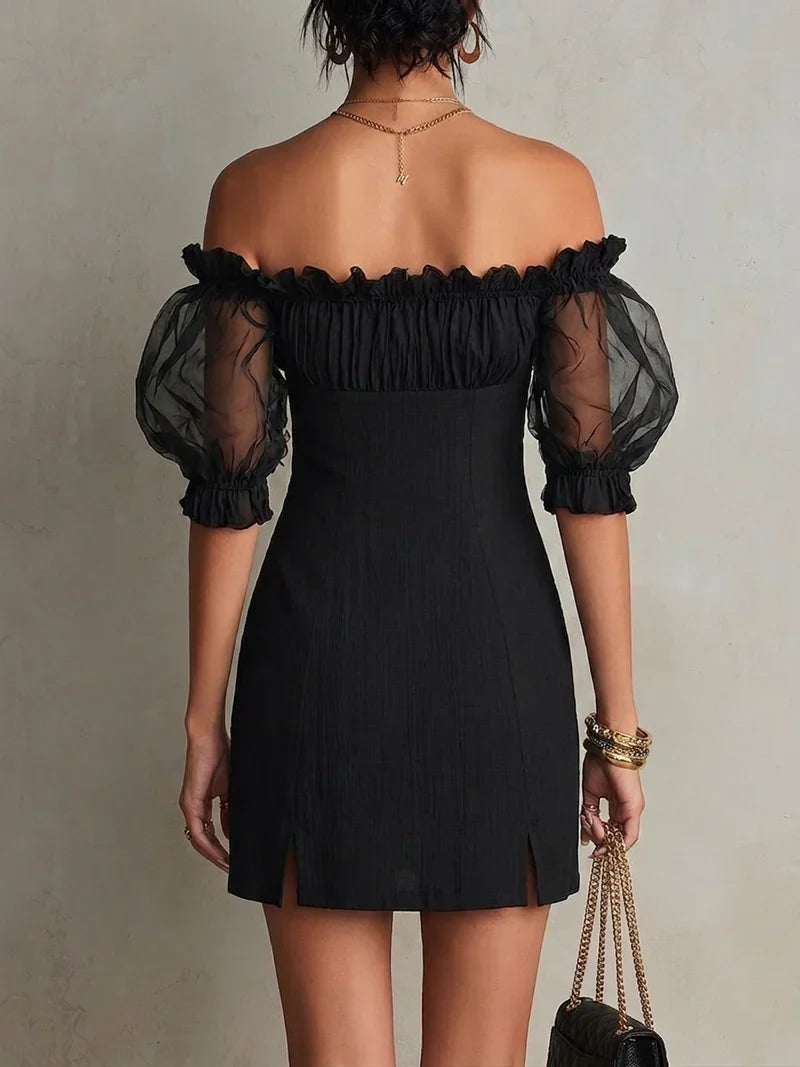 Adela Mini Black Dress with Bardot Neckline, Puff Sleeves and Studs