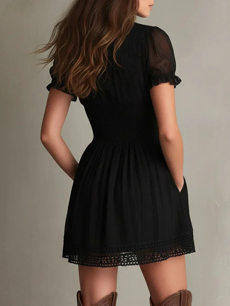 Melisa Black Pleated Mini Dress with Lace Details