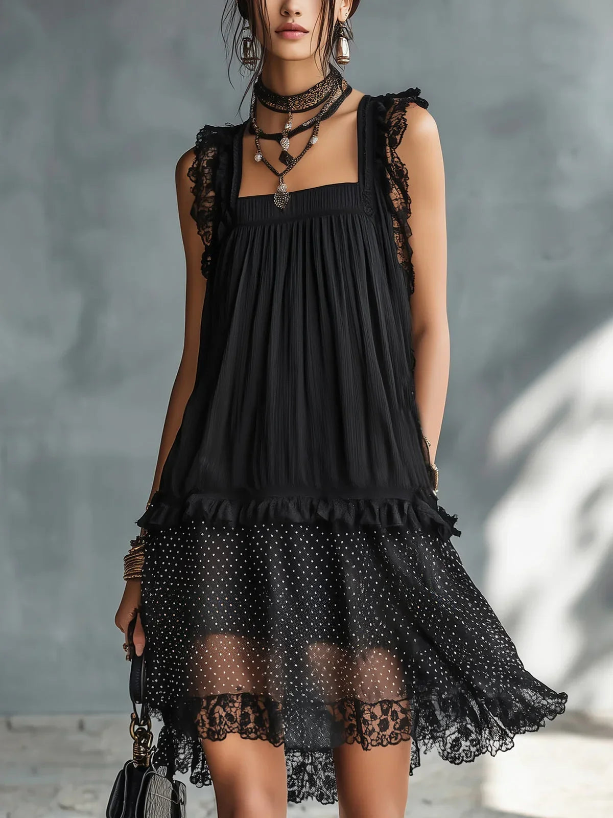 Elina Black Mini Dress with Polka Dot Tulle, Ruffles and Black Lace Finish