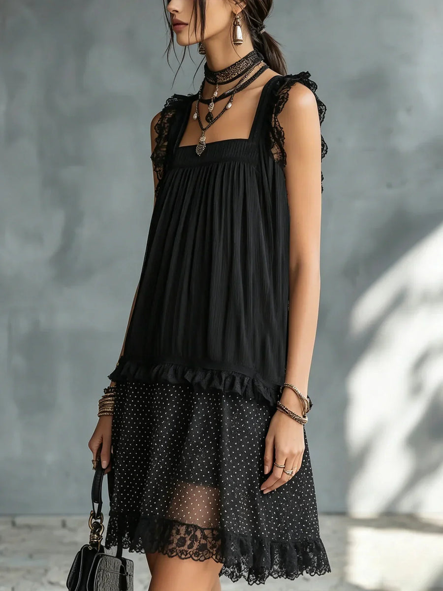 Elina Black Mini Dress with Polka Dot Tulle, Ruffles and Black Lace Finish