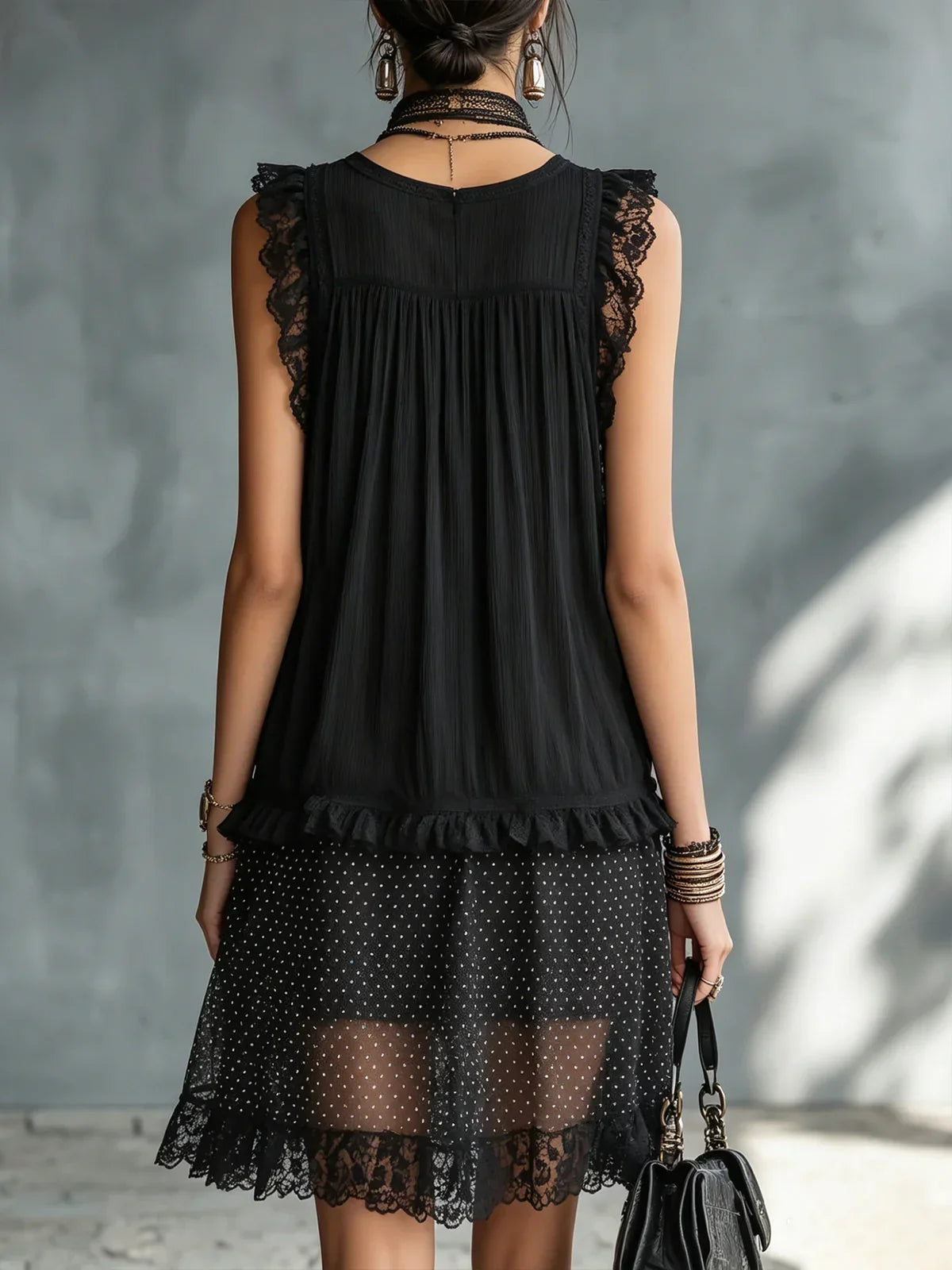Elina Black Mini Dress with Polka Dot Tulle, Ruffles and Black Lace Finish