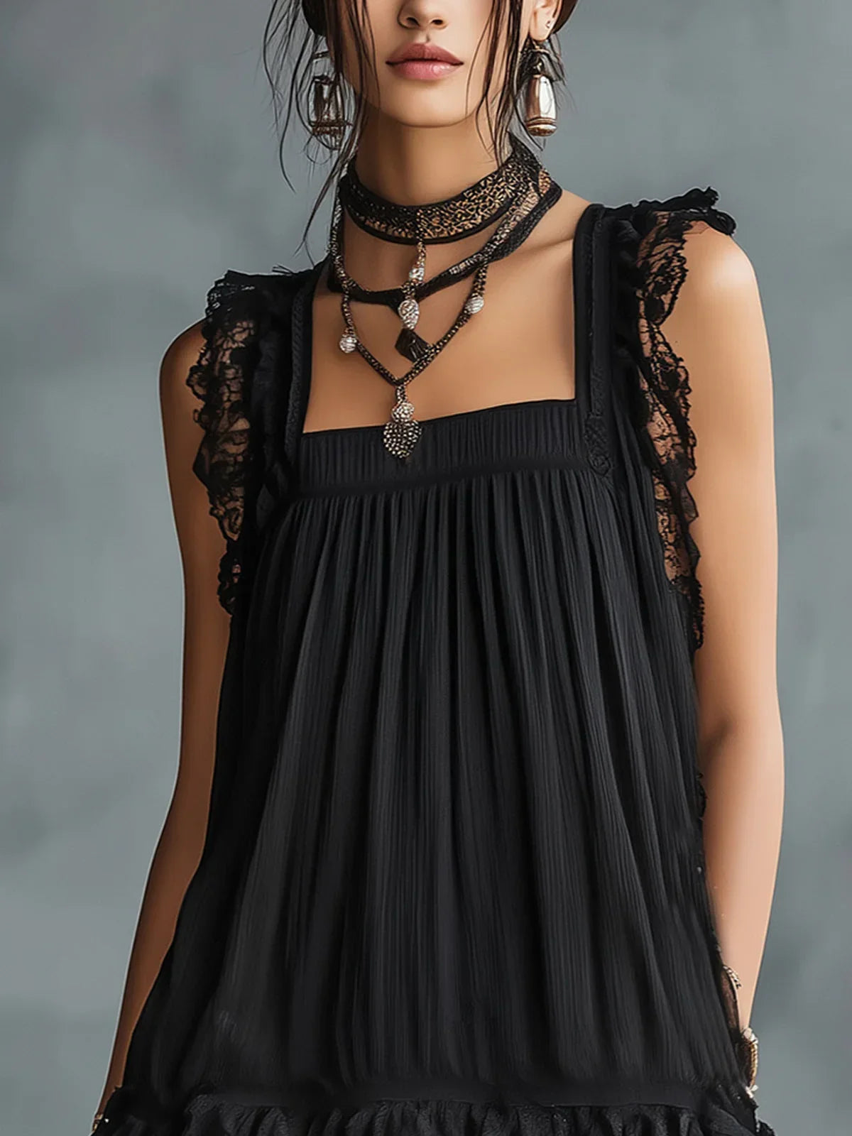 Elina Black Mini Dress with Polka Dot Tulle, Ruffles and Black Lace Finish