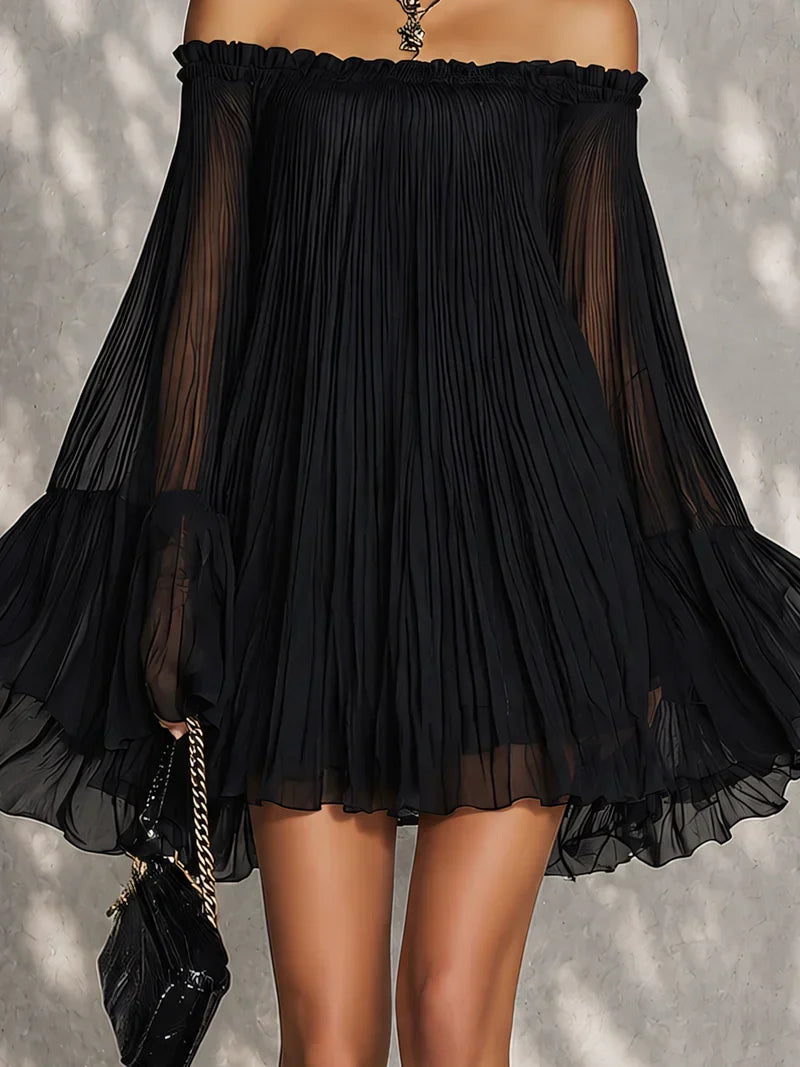 Elsa Mini Black Dress with Bell Sleeves and Off-the-Shoulder Ruffles