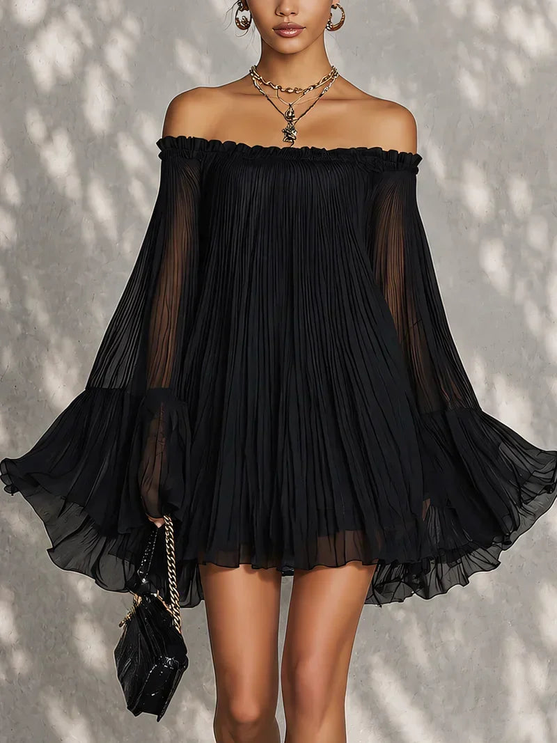 Elsa Mini Black Dress with Bell Sleeves and Off-the-Shoulder Ruffles