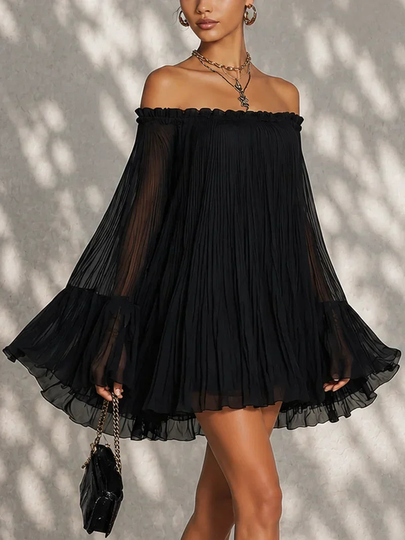 Elsa Mini Black Dress with Bell Sleeves and Off-the-Shoulder Ruffles