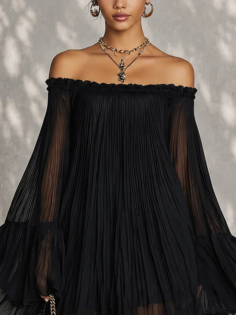 Elsa Mini Black Dress with Bell Sleeves and Off-the-Shoulder Ruffles