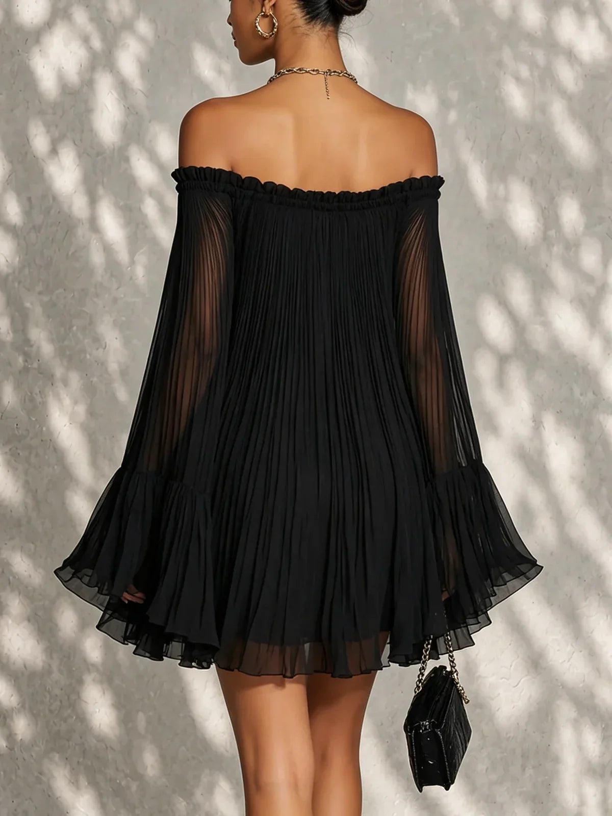 Elsa Mini Black Dress with Bell Sleeves and Off-the-Shoulder Ruffles