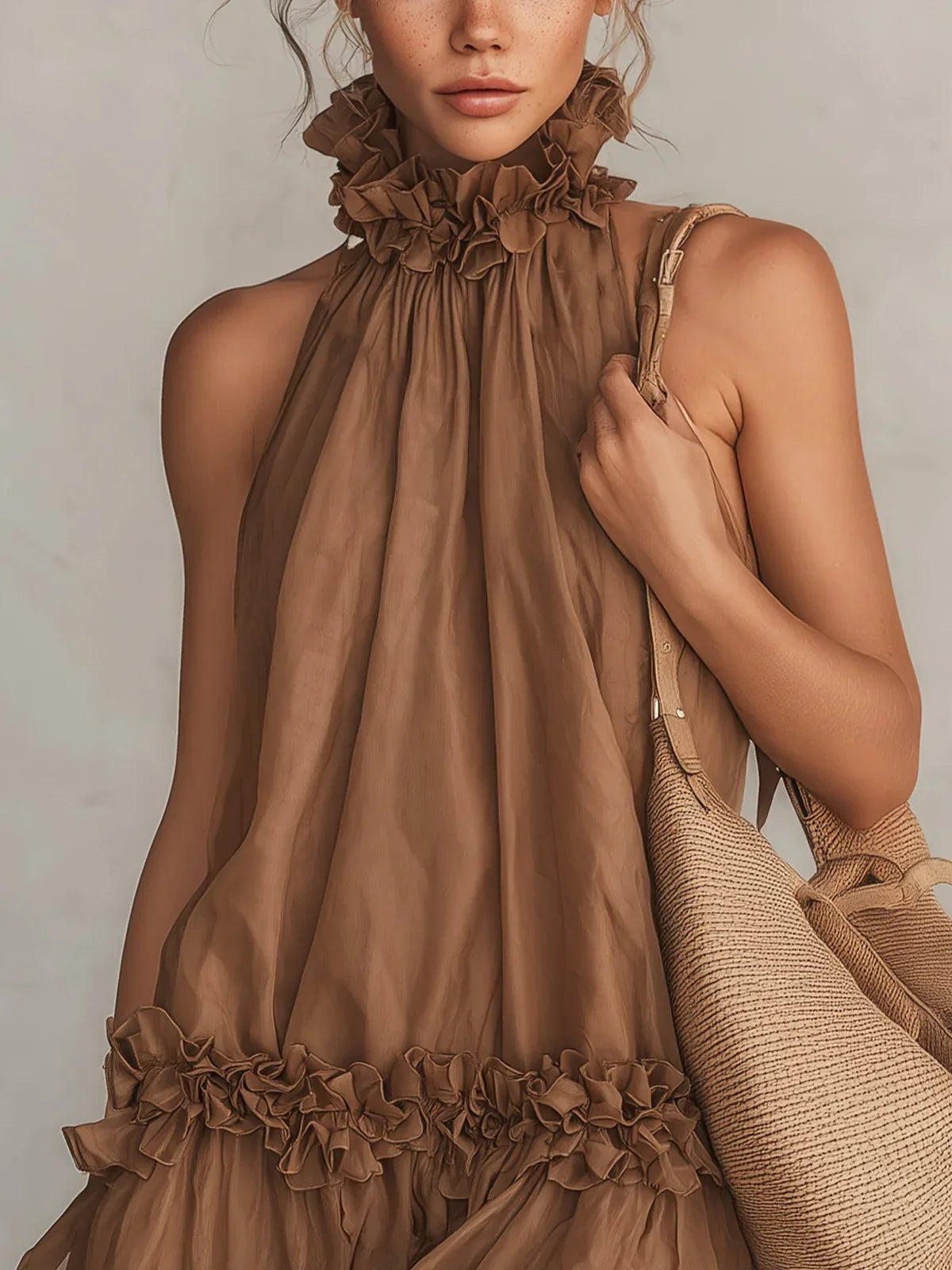 Romina Brown Chiffon Mini Dress with Halter Neck and Ruffle Details