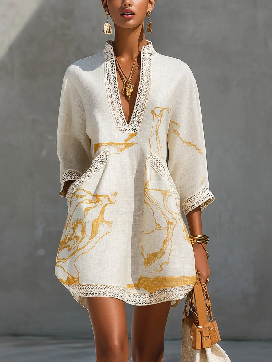 Débora Mini Dress in Ivory Crochet Lace with V-Neck