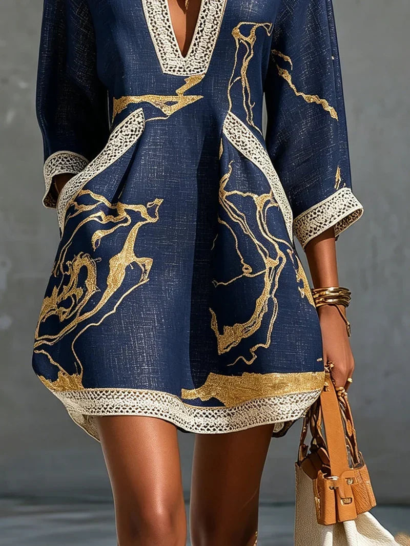Cira Navy Blue Mini Dress with Crochet Lace V-Neck and Gold Print