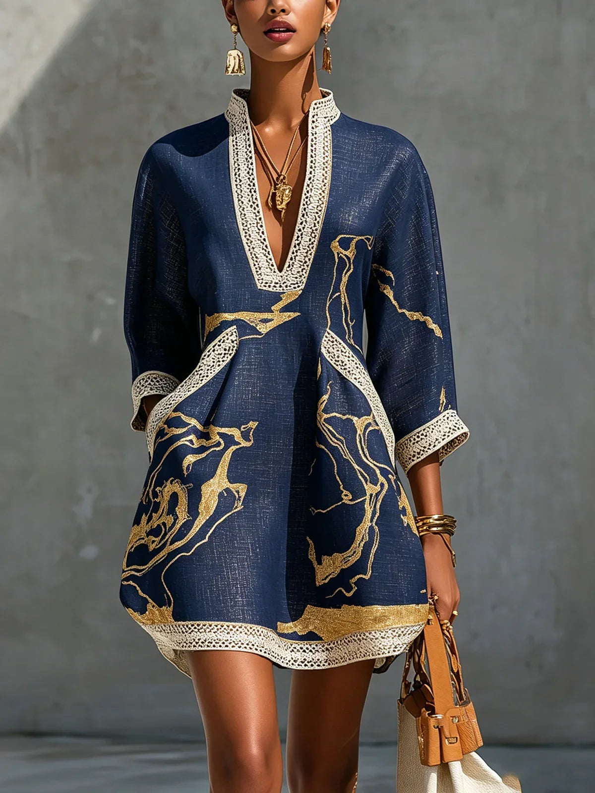 Cira Navy Blue Mini Dress with Crochet Lace V-Neck and Gold Print
