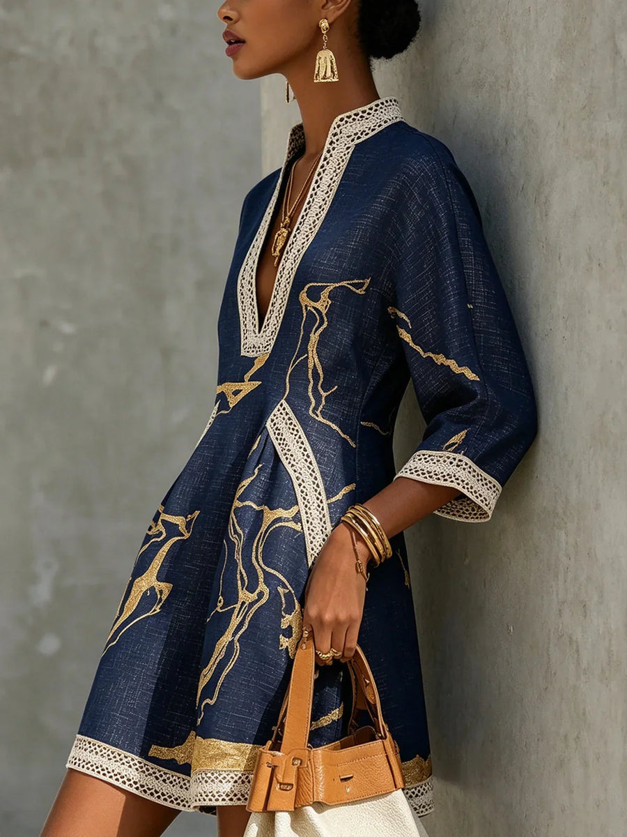 Cira Navy Blue Mini Dress with Crochet Lace V-Neck and Gold Print