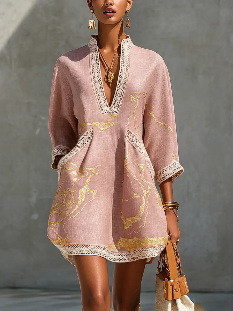 Calista Mini Dress in Pink Lace with V-Neck