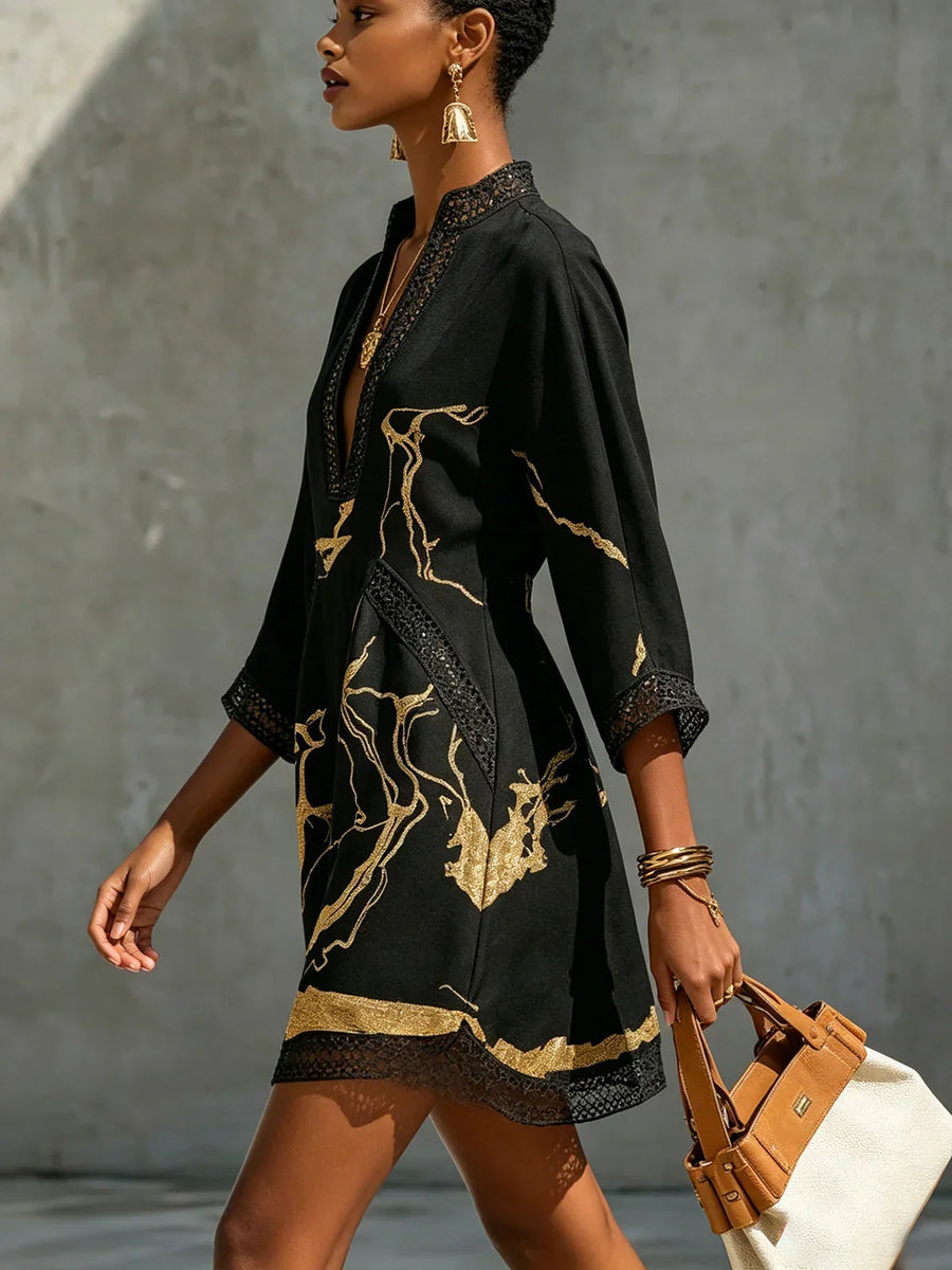 Ariane Mini Black and Gold Lace Crochet Dress with V-Neck and Print