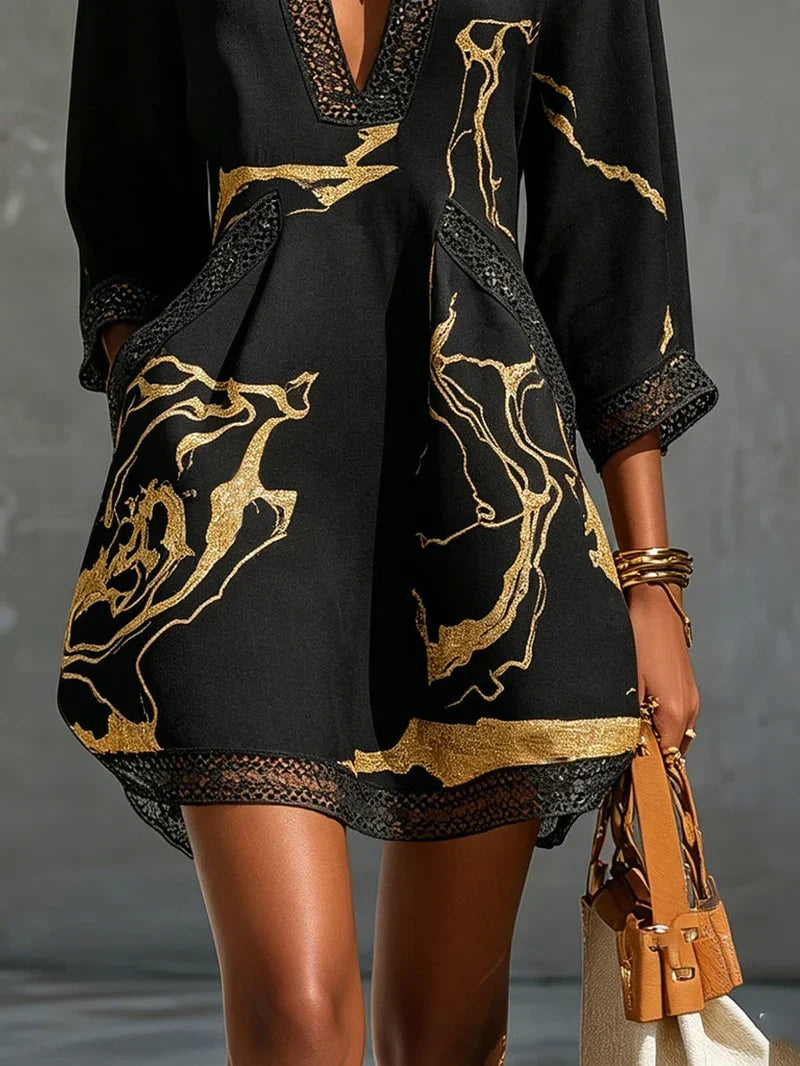 Ariane Mini Black and Gold Lace Crochet Dress with V-Neck and Print