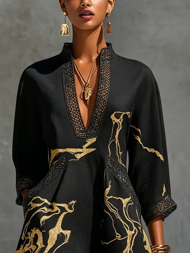 Ariane Mini Black and Gold Lace Crochet Dress with V-Neck and Print