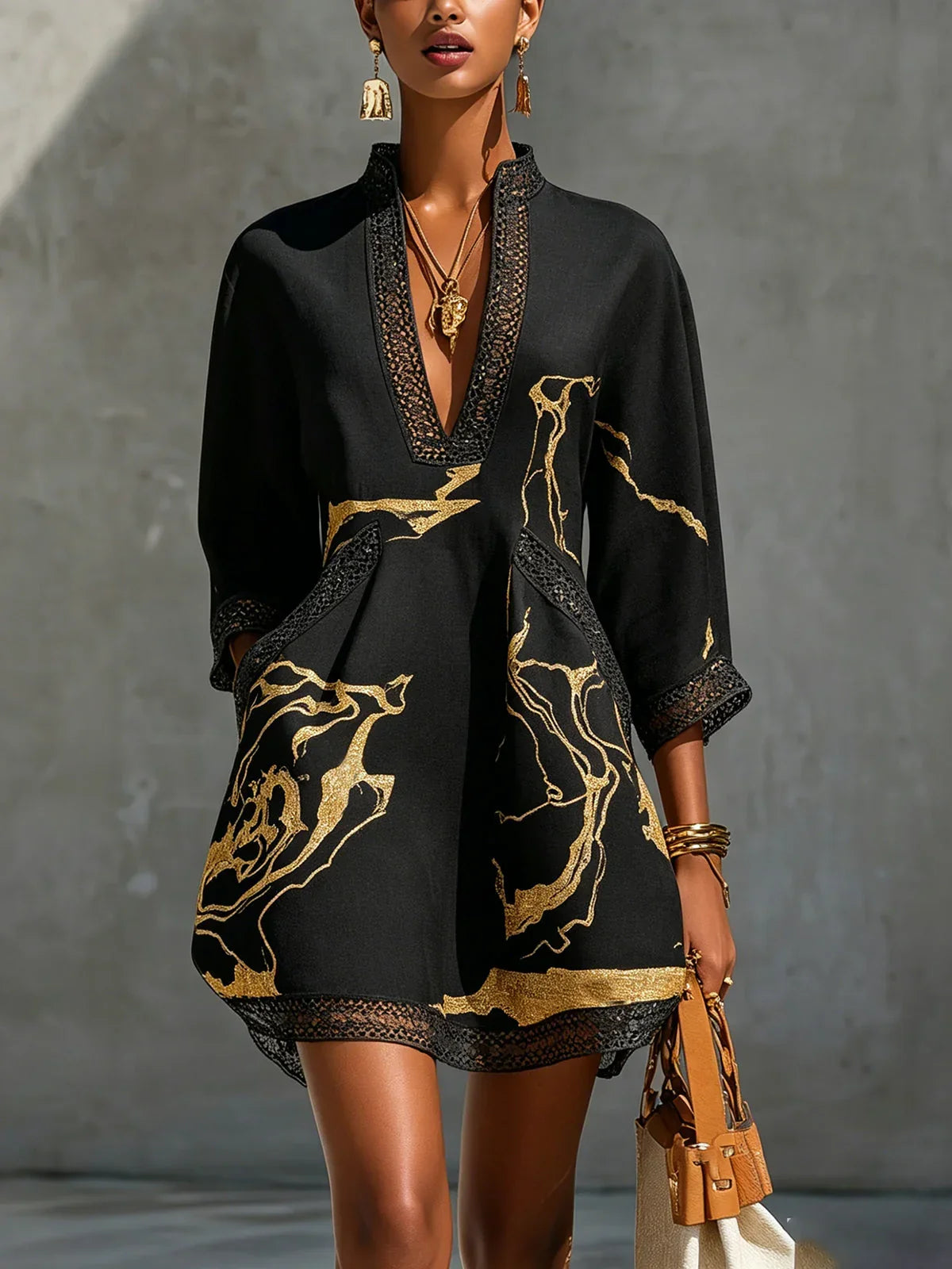 Ariane Mini Black and Gold Lace Crochet Dress with V-Neck and Print