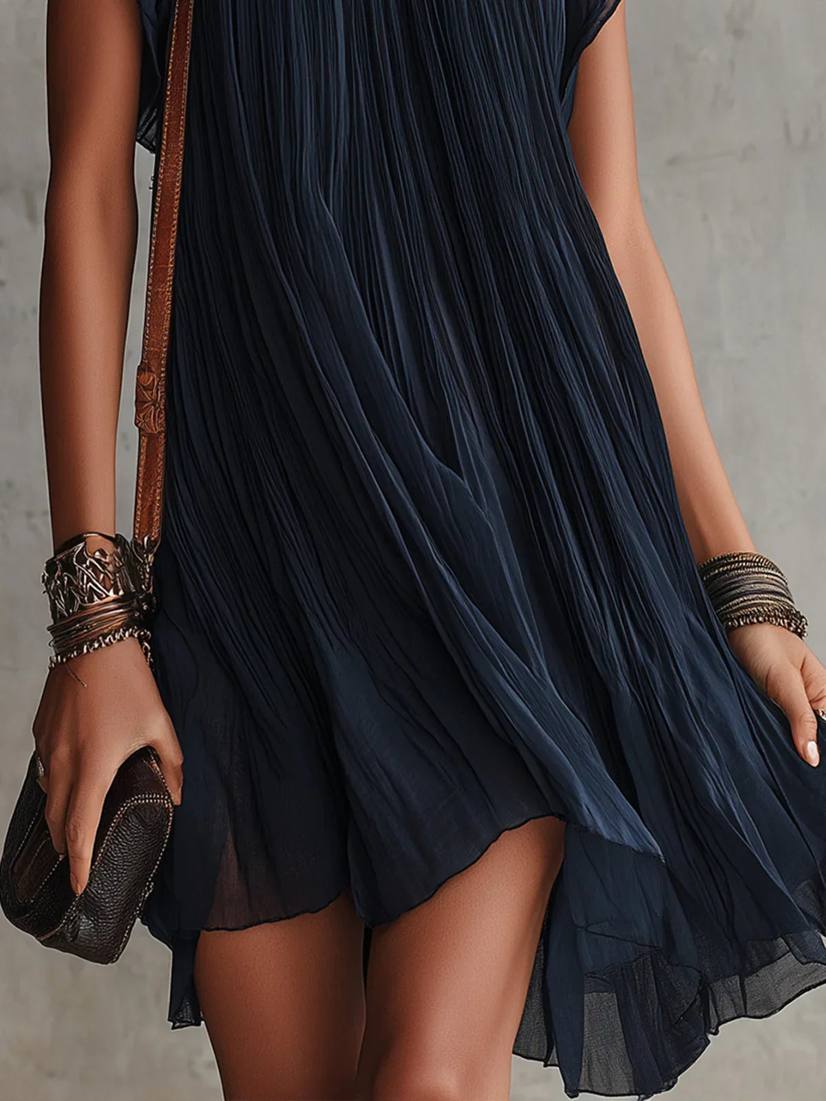 Matilde Mini Pleated Chiffon Dress in Navy Blue with Floral Embroidery