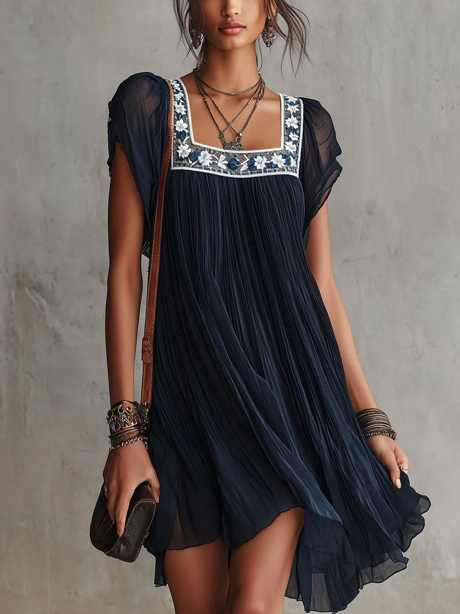 Matilde Mini Pleated Chiffon Dress in Navy Blue with Floral Embroidery