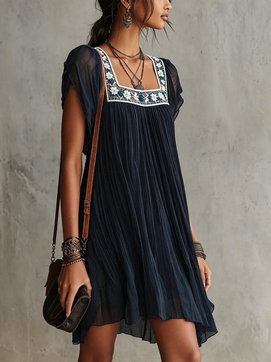 Matilde Mini Pleated Chiffon Dress in Navy Blue with Floral Embroidery
