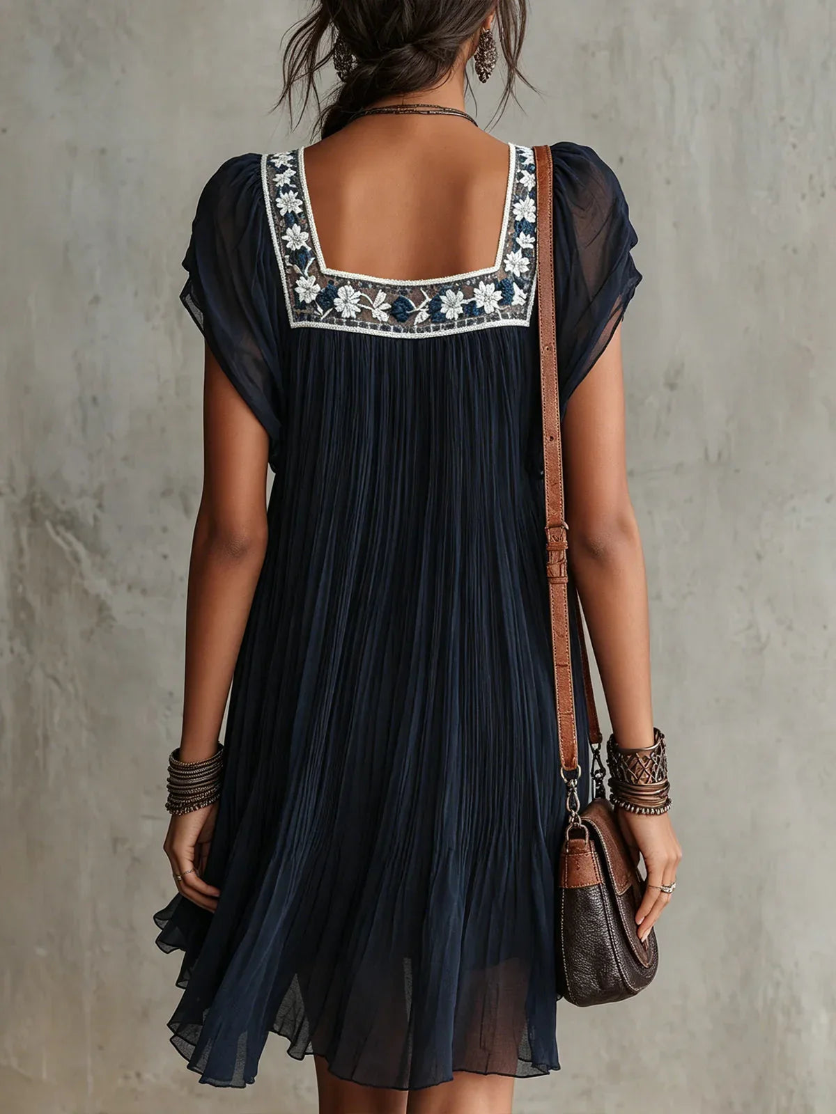 Matilde Mini Pleated Chiffon Dress in Navy Blue with Floral Embroidery