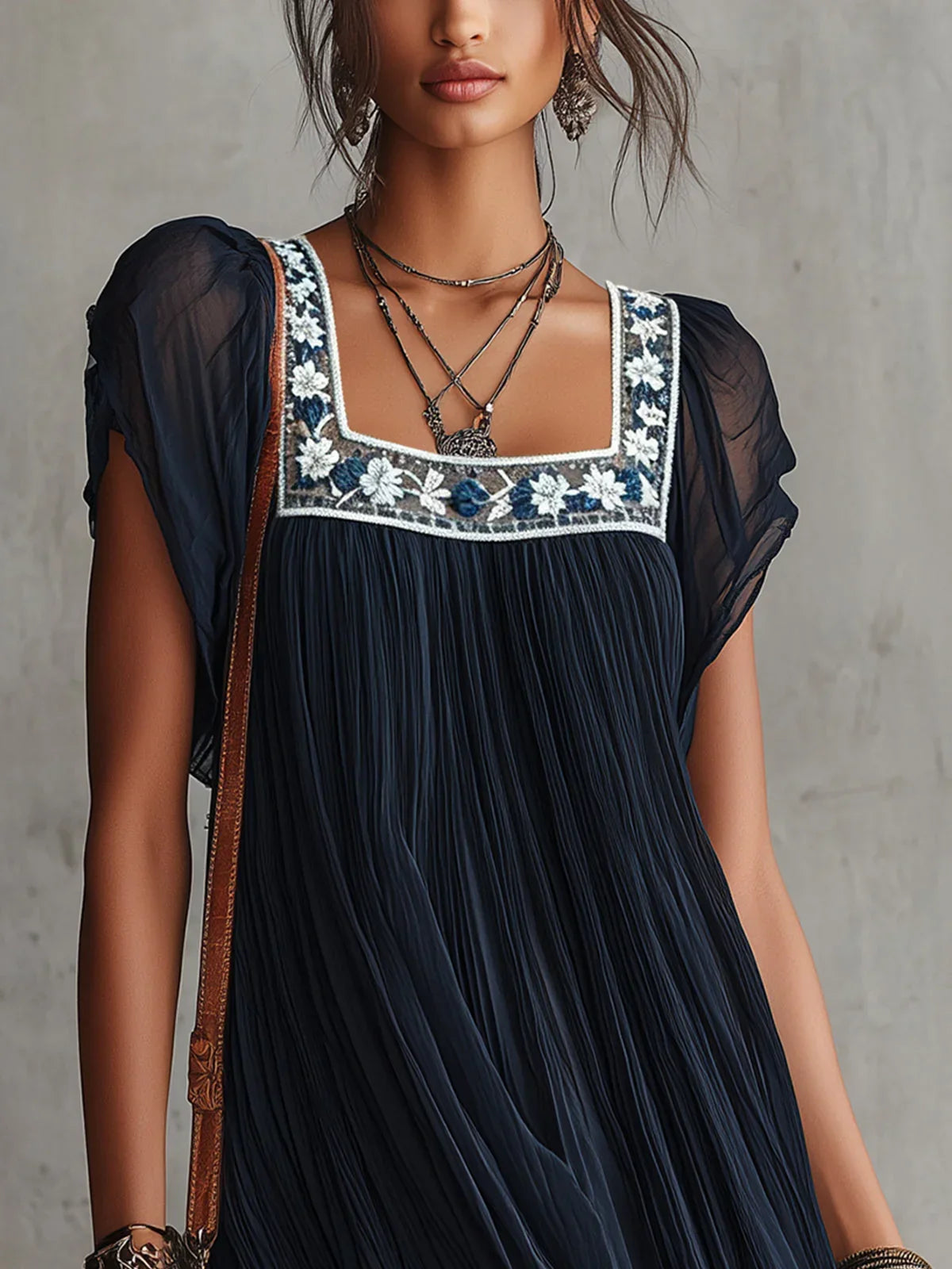 Matilde Mini Pleated Chiffon Dress in Navy Blue with Floral Embroidery