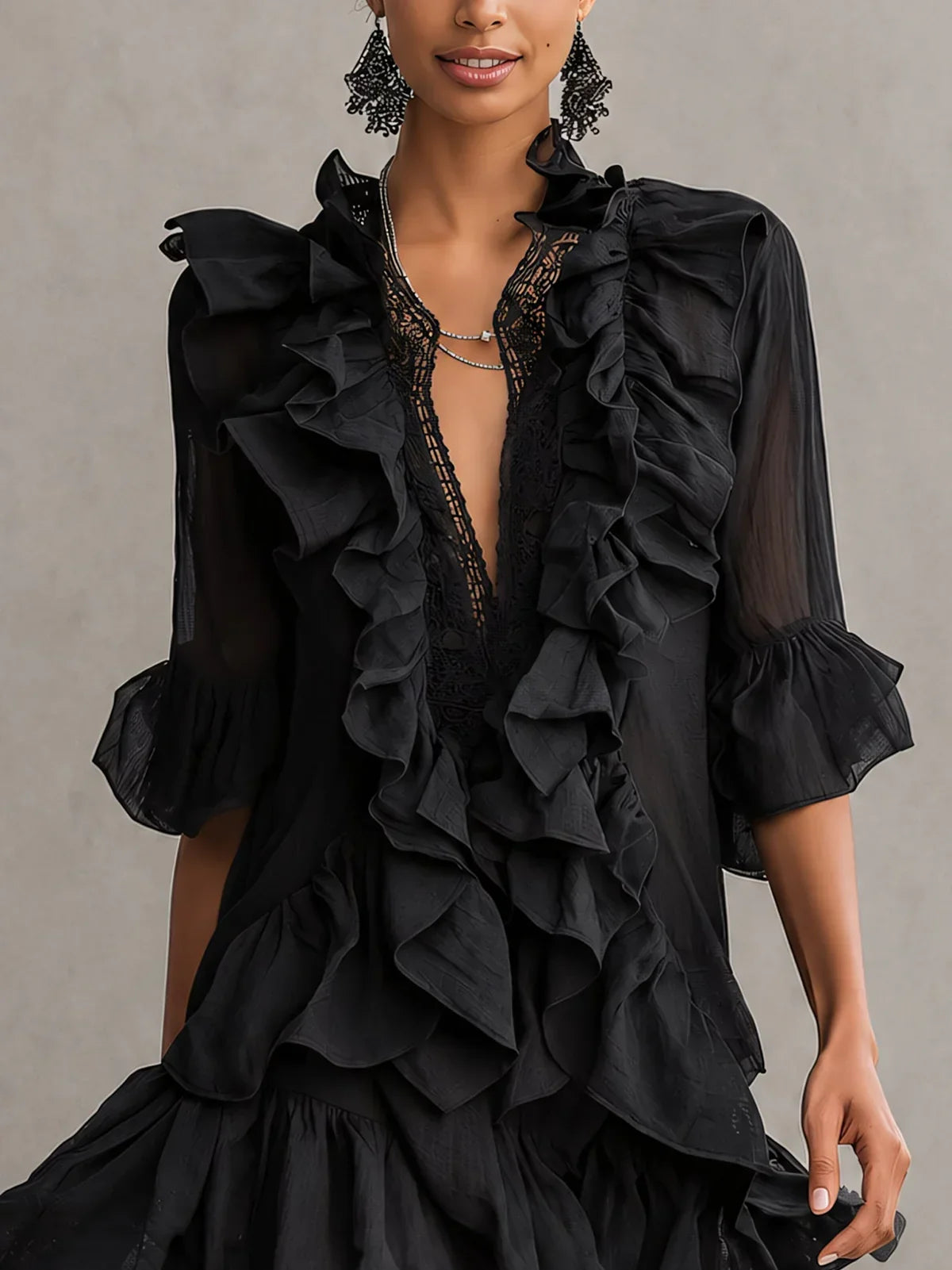 Serena Mini Black Chiffon Dress with Ruffle Details