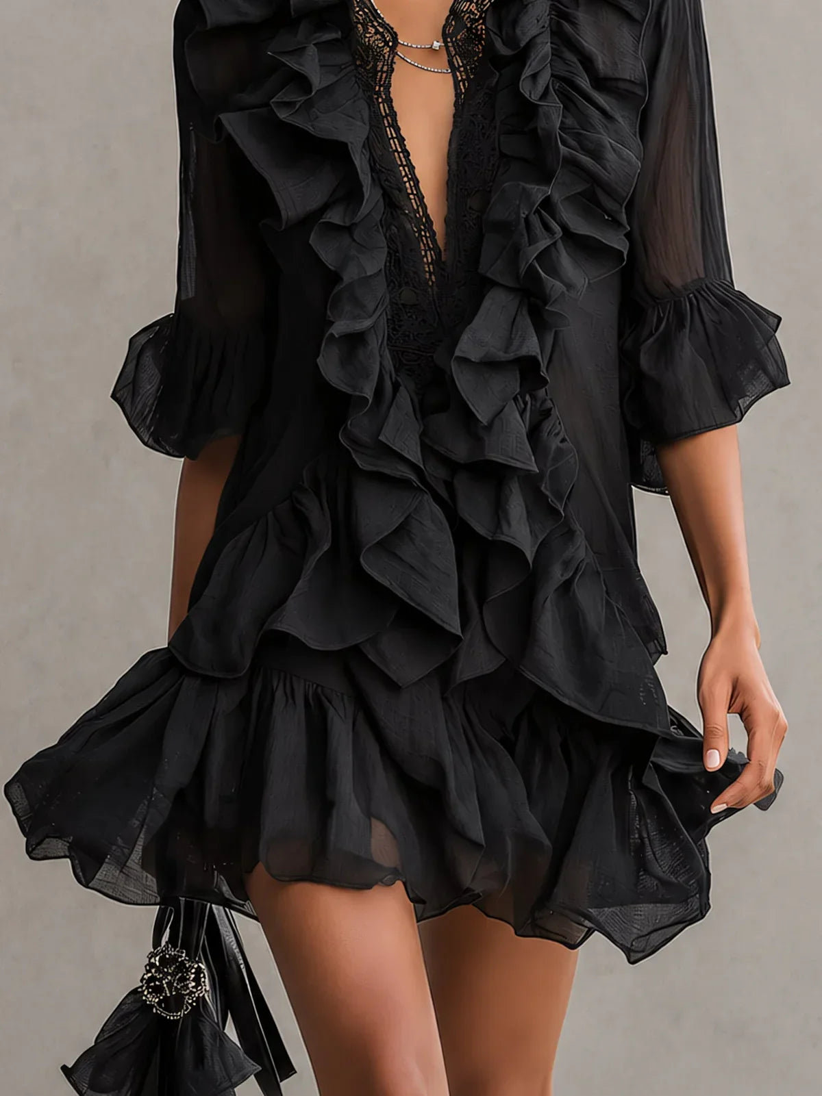 Serena Mini Black Chiffon Dress with Ruffle Details