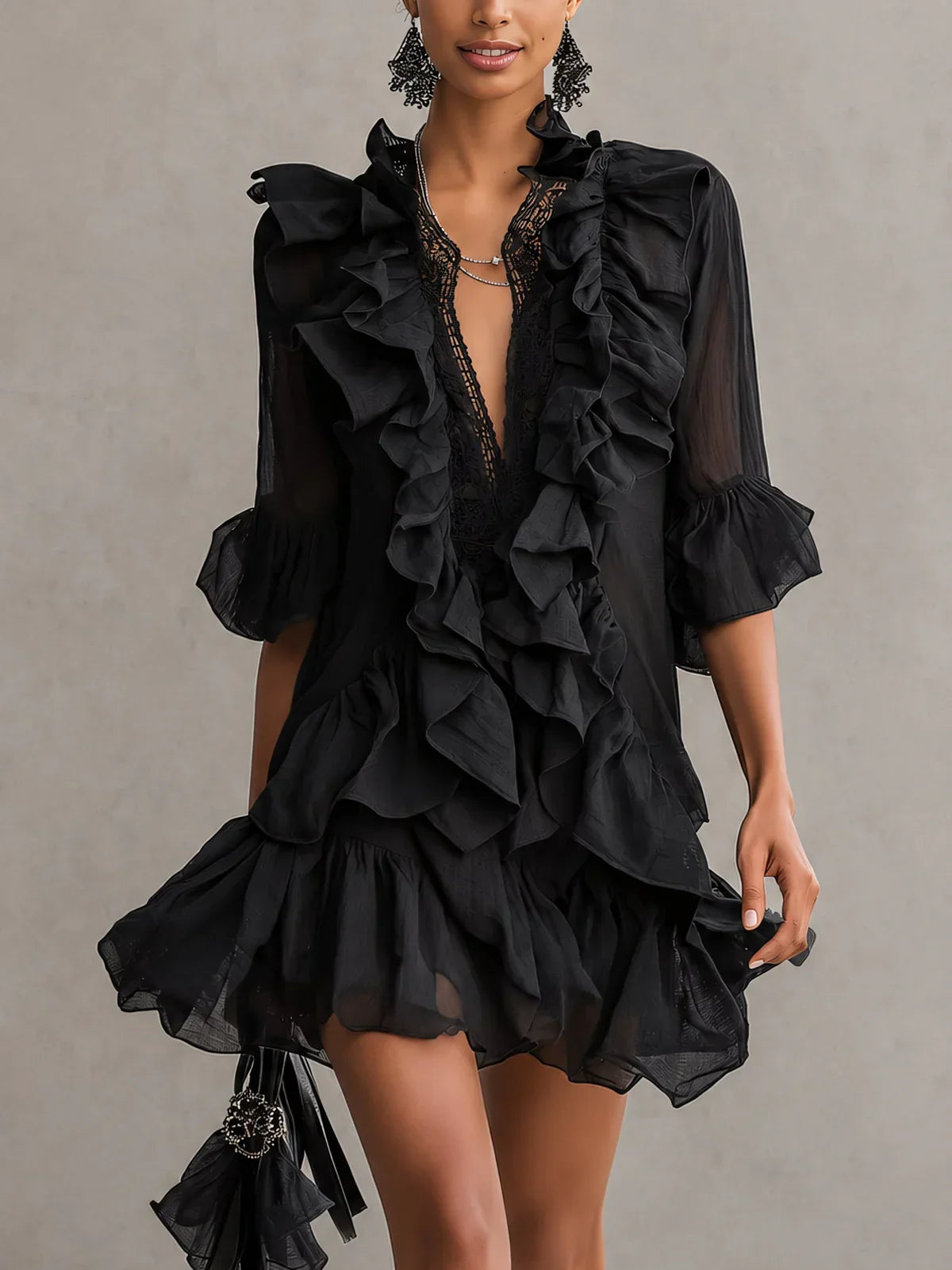 Serena Mini Black Chiffon Dress with Ruffle Details