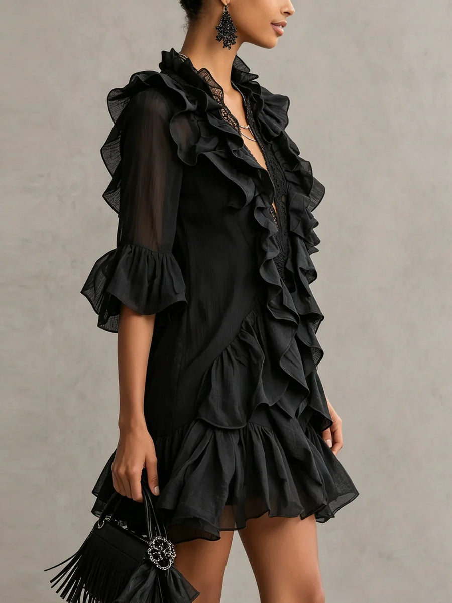 Serena Mini Black Chiffon Dress with Ruffle Details