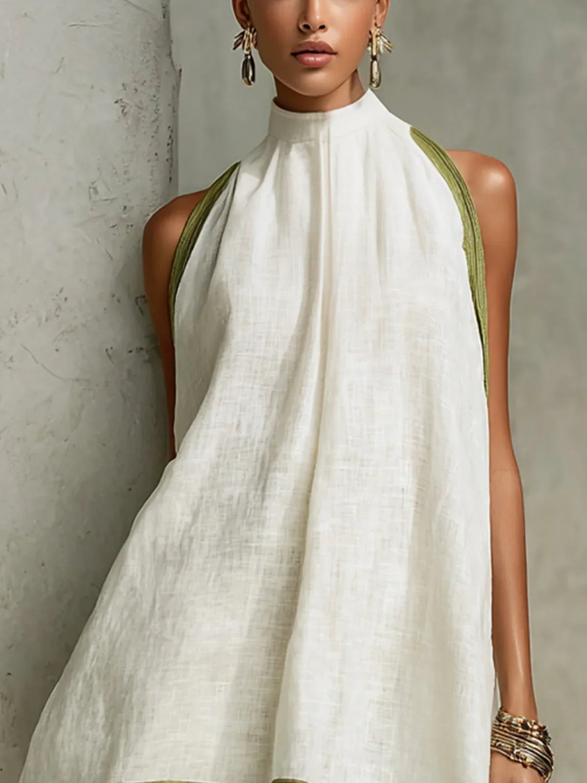 Ofelia Mini A-Line Dress in White and Olive Green with Floral Print, Sleeveless