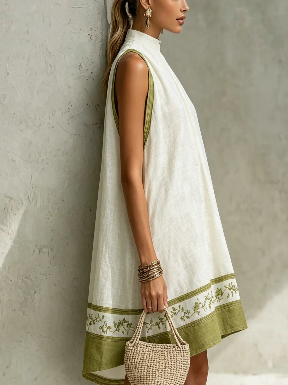 Ofelia Mini A-Line Dress in White and Olive Green with Floral Print, Sleeveless
