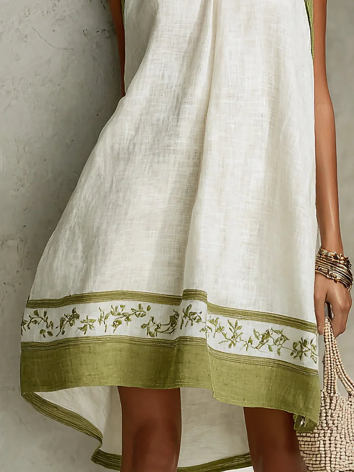Ofelia Mini A-Line Dress in White and Olive Green with Floral Print, Sleeveless